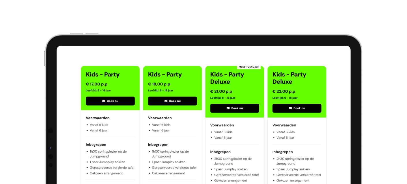 Overzicht van boekingsformules op Jumplay